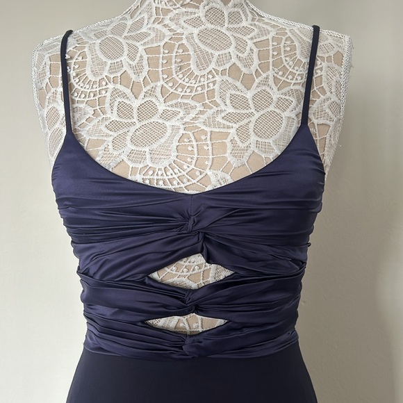 LIKELY - NWOT Steph Ruched Satin & Crepe Midi-Dress in Navy - Picture 3 of 10